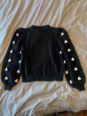 Shrimps Black Puff-Sleeve Crewneck Sweater with White Pom Cluster Details